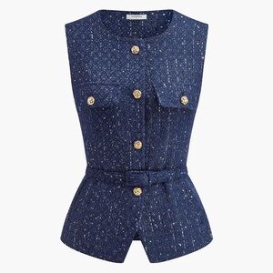 Commense Navy Blue Tweed Sleeveless Top